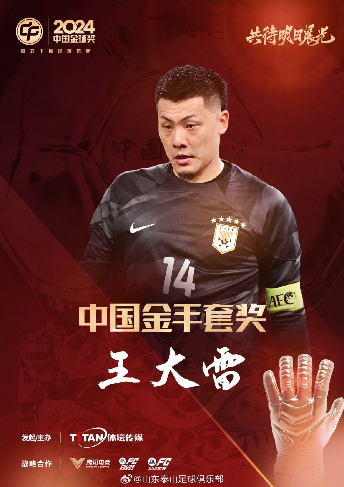  王大雷榮獲中國金手套獎，謝文能入選中國金球獎候選人前三名