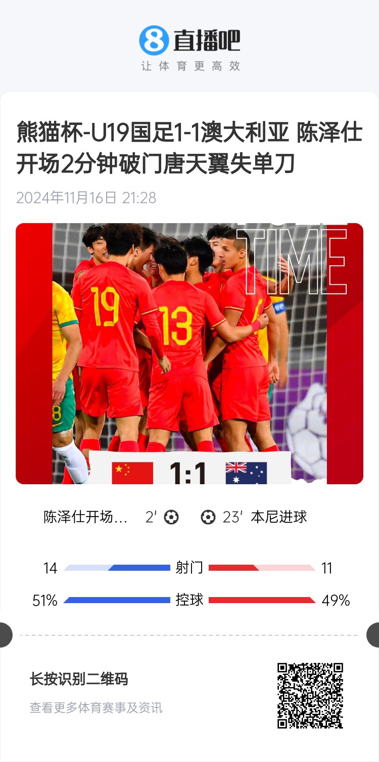  二番戰(zhàn)！U20國青與澳大利亞去年熊貓杯剛有過交手，雙方1-1戰(zhàn)平