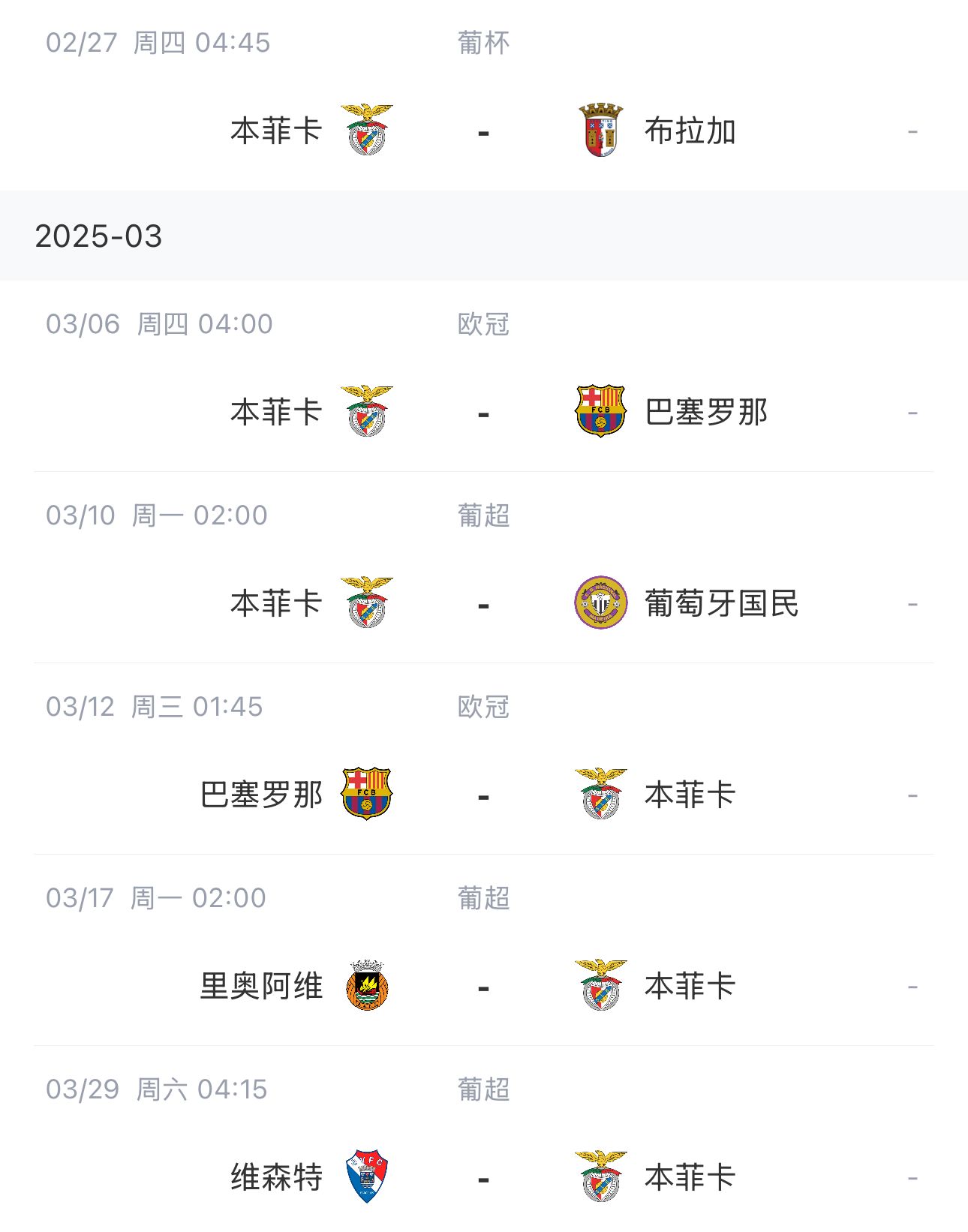  讓路歐冠！本菲卡戰(zhàn)巴薩首回合比賽前的葡超比賽推遲進(jìn)行