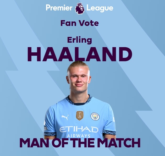  打進(jìn)致勝球！英超官方：哈蘭德當(dāng)選曼城1-0熱刺全場最佳球員