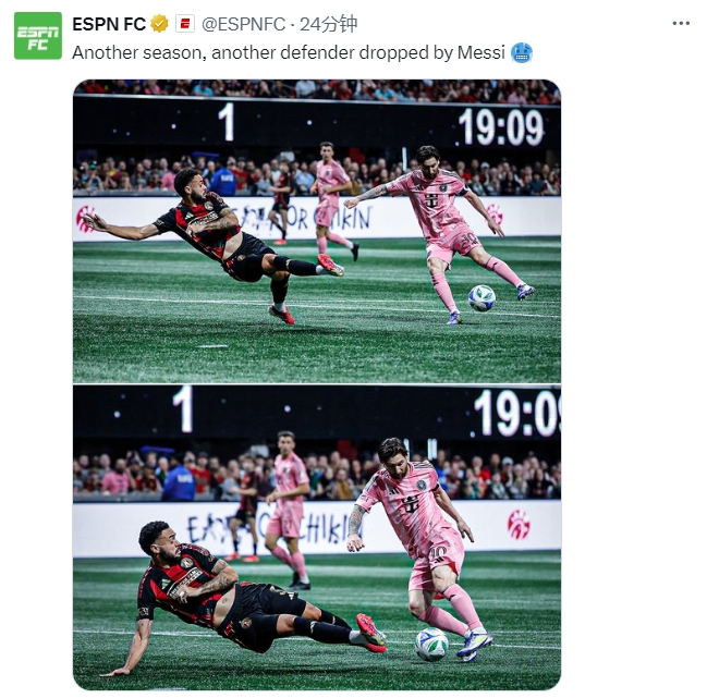  名場(chǎng)面記錄！ESPN曬照：又一個(gè)賽季，又一名后衛(wèi)被梅西扣倒