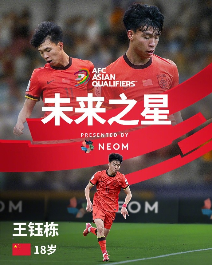  亞洲杯官方社媒發(fā)布王鈺棟個人海報：青年軍的旗幟，飄揚在前哨