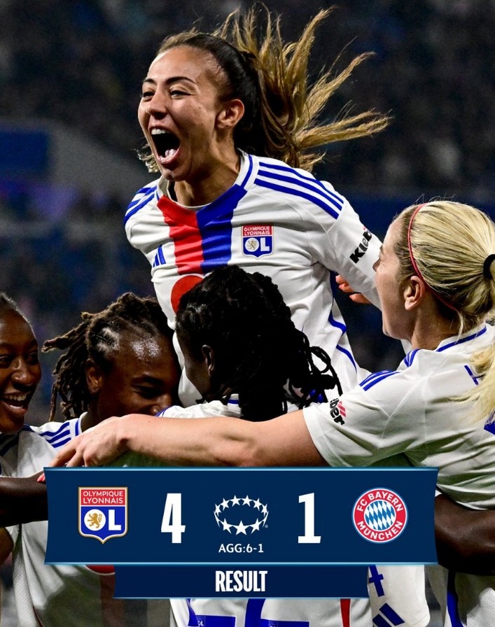  里昂女足4-1大勝拜仁女足，總比分6-1晉級女足歐冠半決賽